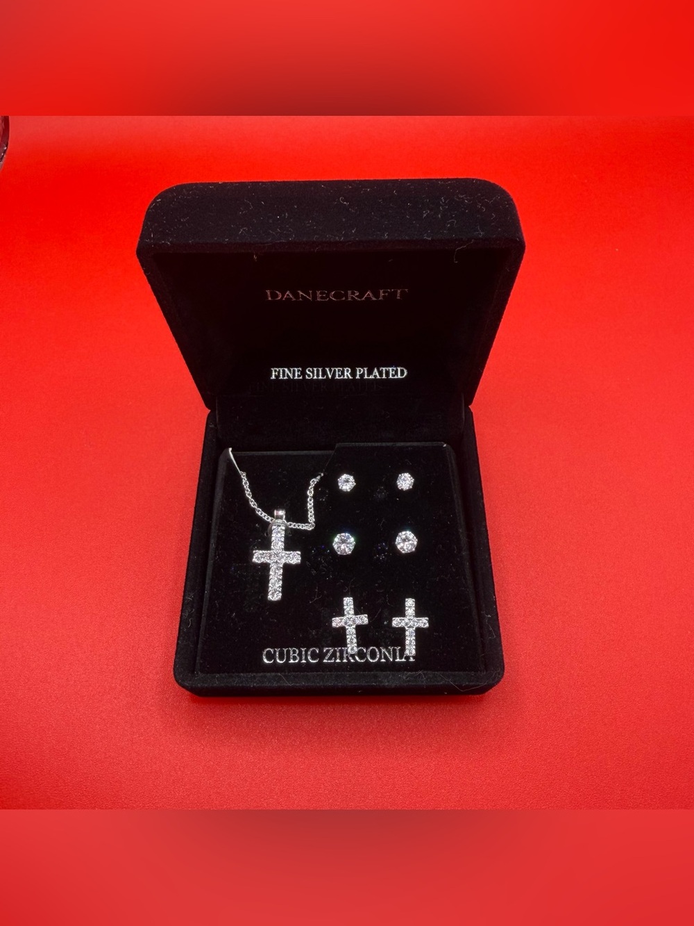 Craft Silver-Plated Cubic Zirconia Cross Necklace and Earring Set - Silver